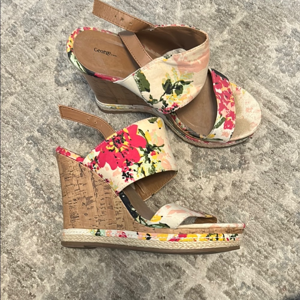 George Red and Pink Wedge Sandals with Cork Heel